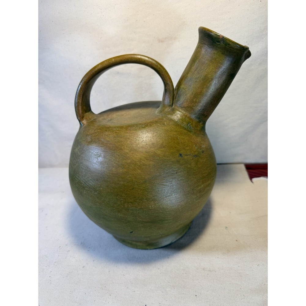 Vintage Handmade Pottery Jug Olive Green Glaze Rustic Folk Art 10"